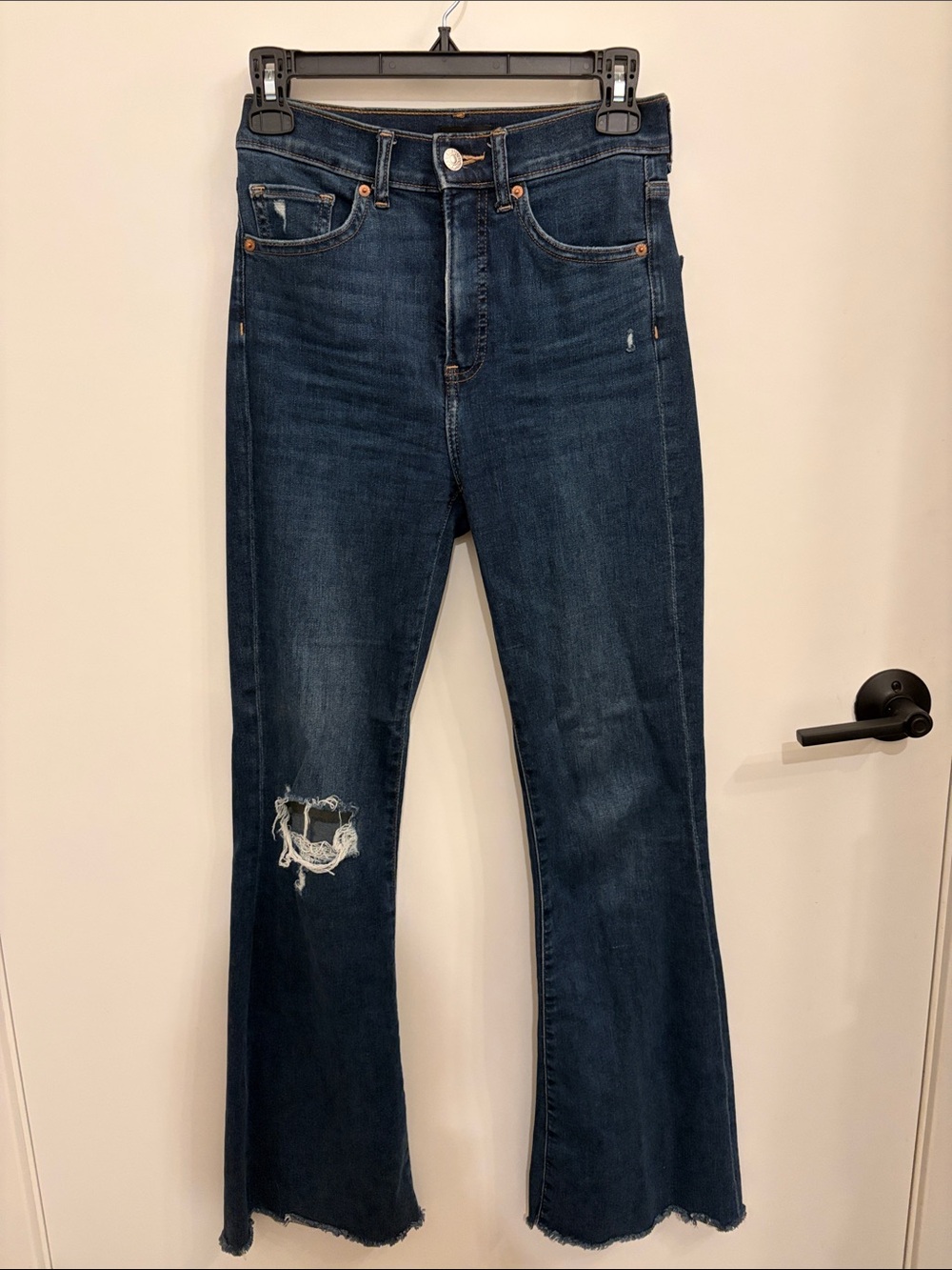 Express Blue Mid/High Rise Distressed Flare Jeans